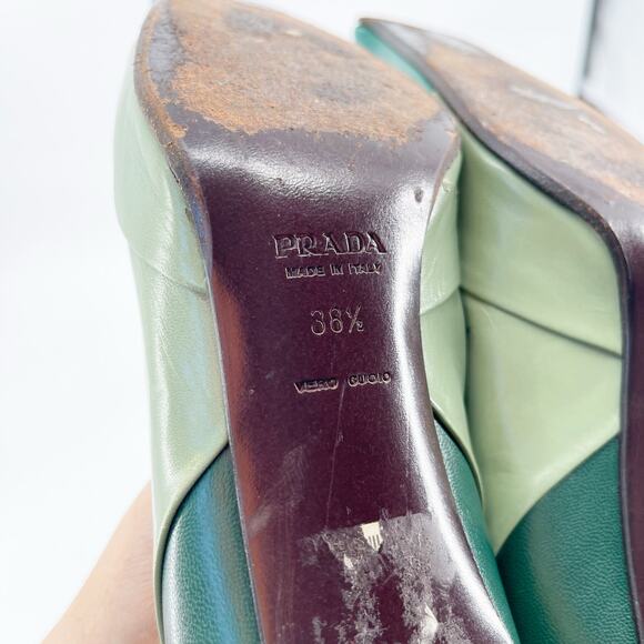 Vintage Prada Green Tricolor Colorblock Leather Square Toe Mid Heel Pumps 38.5 - Picture 11 of 11